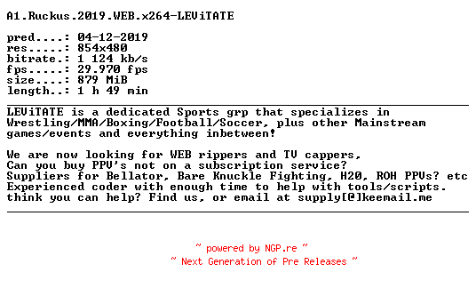 NFO for the release A1.Ruckus.2019.WEB.x264-LEViTATE by LEViTATE