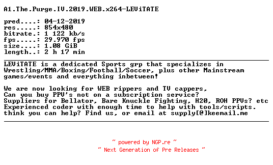 NFO for the release A1.The.Purge.IV.2019.WEB.x264-LEViTATE by LEViTATE