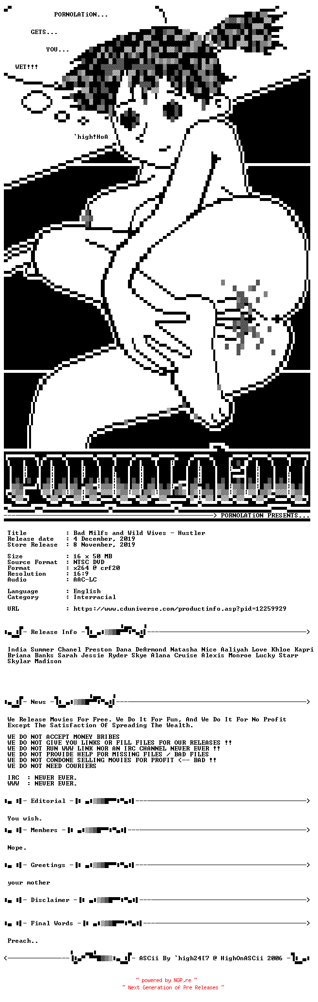 NFO for the release Bad.Milfs.And.Wild.Wives.Disc2.XXX.DVDRiP.x264-PORNOLATiON by PORNOLATiON