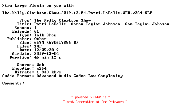 NFO for the release The.Kelly.Clarkson.Show.2019.12.04.Patti.LaBelle.WEB.x264-XLF by XLF