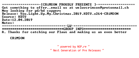 NFO for the release You.Light.Up.My.Christmas.2019.HDTV.x264-CRiMSON by CRiMSON