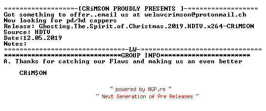 NFO for the release Ghosting.The.Spirit.of.Christmas.2019.HDTV.x264-CRiMSON by CRiMSON