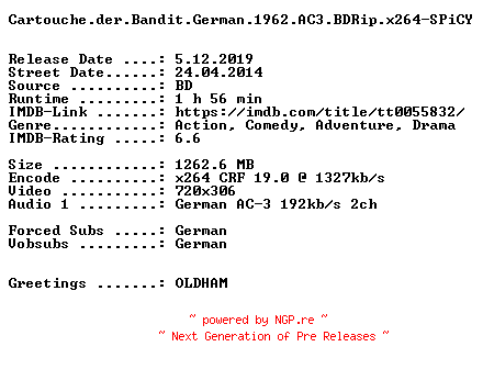 NFO for the release Cartouche.der.Bandit.German.1962.AC3.BDRip.x264-SPiCY by SPiCY
