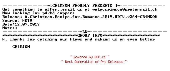 NFO for the release A.Christmas.Recipe.for.Romance.2019.HDTV.x264-CRiMSON by CRiMSON