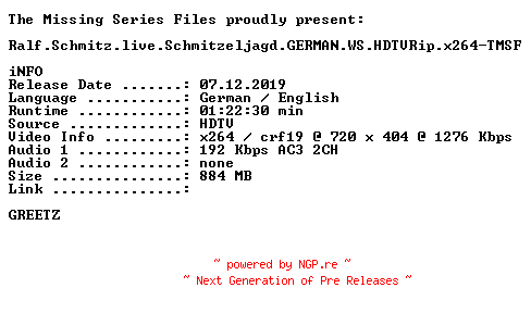 NFO for the release Ralf.Schmitz.live.Schmitzeljagd.GERMAN.WS.HDTVRip.x264-TMSF by TMSF