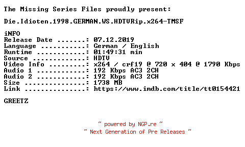NFO for the release Die.Idioten.1998.GERMAN.DL.WS.HDTVRip.x264-TMSF by TMSF
