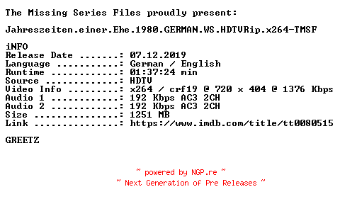 NFO for the release Jahreszeiten.einer.Ehe.1980.GERMAN.DL.WS.HDTVRip.x264-TMSF by TMSF