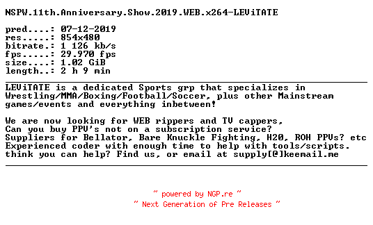 NFO for the release NSPW.11th.Anniversary.Show.2019.WEB.x264-LEViTATE by LEViTATE