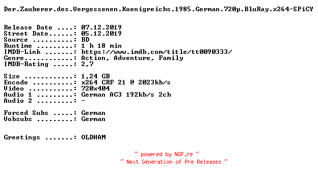 NFO for the release Der.Zauberer.des.Vergessenen.Koenigreichs.German.REMASTERED.1985.AC3.BDRip.x264-SPiCY by SPiCY