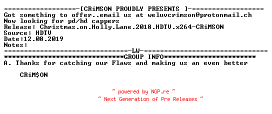 NFO for the release Christmas.on.Holly.Lane.2018.HDTV.x264-CRiMSON by CRiMSON