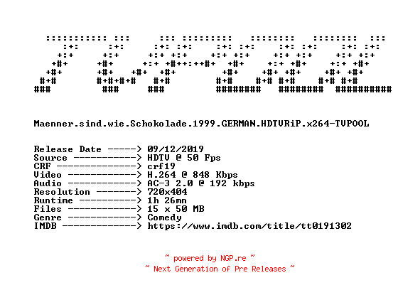 NFO for the release Maenner.sind.wie.Schokolade.1999.GERMAN.HDTVRiP.x264-TVPOOL by TVPOOL