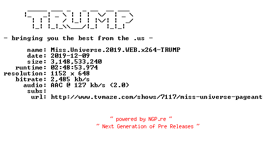NFO for the release Miss.Universe.2019.WEB.x264-TRUMP by TRUMP