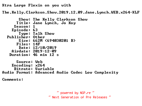 NFO for the release The.Kelly.Clarkson.Show.2019.12.09.Jane.Lynch.WEB.x264-XLF by XLF