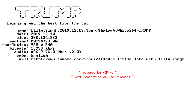 NFO for the release Lilly.Singh.2019.12.09.Tony.Shaloub.WEB.x264-TRUMP by TRUMP