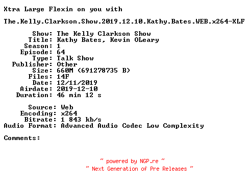 NFO for the release The.Kelly.Clarkson.Show.2019.12.10.Kathy.Bates.WEB.x264-XLF by XLF