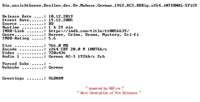NFO for the release Die.unsichtbaren.Krallen.des.Dr.Mabuse.German.1962.AC3.BDRip.x264.iNTERNAL-SPiCY by SPiCY