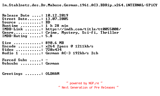 NFO for the release Im.Stahlnetz.des.Dr.Mabuse.German.1961.AC3.BDRip.x264.iNTERNAL-SPiCY by SPiCY