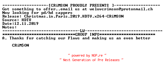 NFO for the release Christmas.in.Paris.2019.HDTV.x264-CRiMSON by CRiMSON