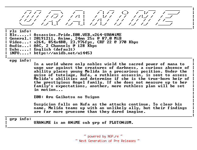 NFO for the release Assassins.Pride.E08.WEB.x264-URANiME by URANiME