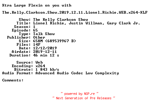 NFO for the release The.Kelly.Clarkson.Show.2019.12.11.Lionel.Richie.WEB.x264-XLF by XLF