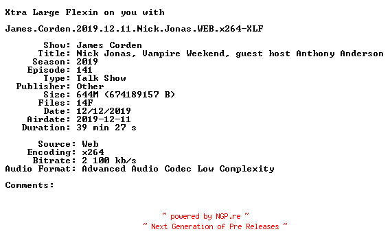 NFO for the release James.Corden.2019.12.11.Nick.Jonas.WEB.x264-XLF by XLF