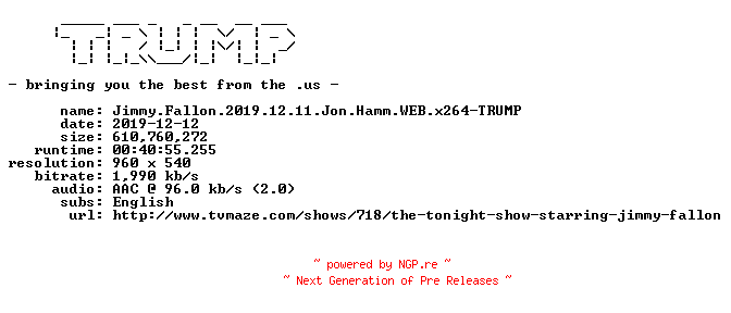 NFO for the release Jimmy.Fallon.2019.12.11.Jon.Hamm.WEB.x264-TRUMP by TRUMP
