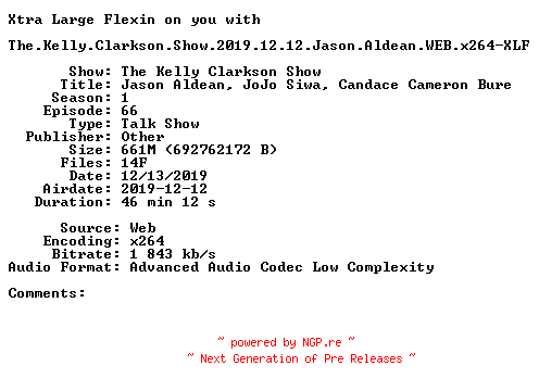 NFO for the release The.Kelly.Clarkson.Show.2019.12.12.Jason.Aldean.WEB.x264-XLF by XLF