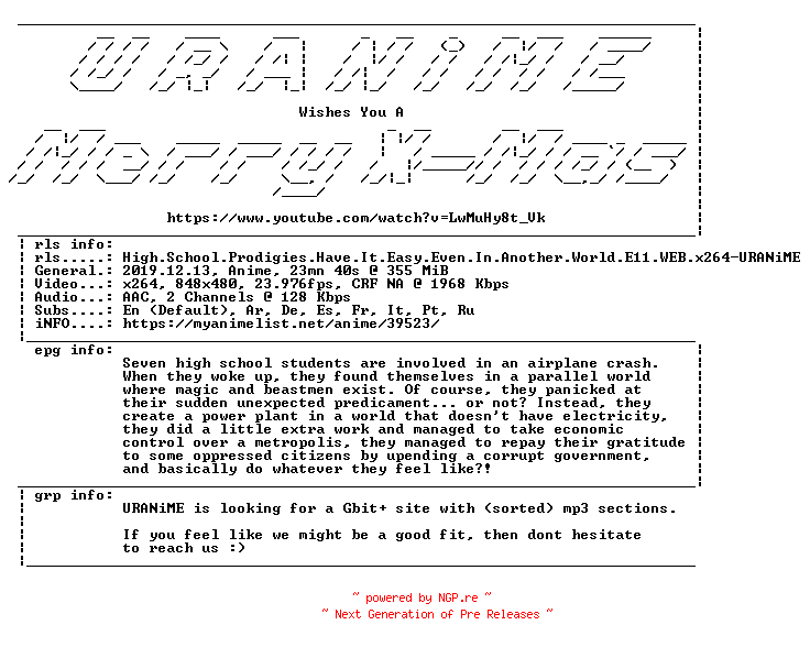 NFO for the release High.School.Prodigies.Have.It.Easy.Even.In.Another.World.E11.WEB.x264-URANiME by URANiME