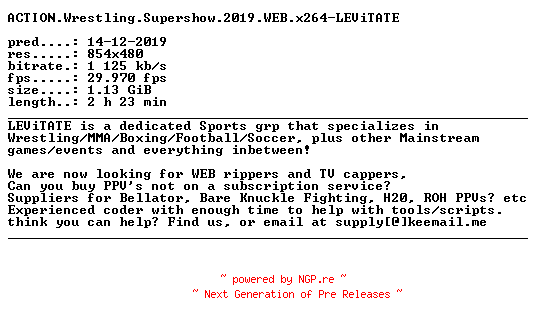 NFO for the release ACTION.Wrestling.Supershow.2019.WEB.x264-LEViTATE by LEViTATE