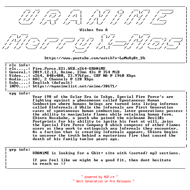 NFO for the release Fire.Force.E21.WEB.x264-URANiME by URANiME