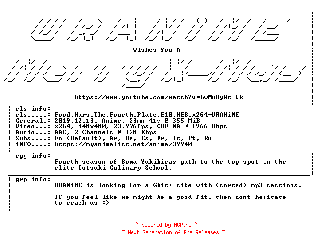 NFO for the release Food.Wars.The.Fourth.Plate.E10.WEB.x264-URANiME by URANiME