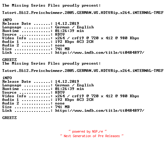 NFO for the release Tatort.E612.Freischwimmer.2005.GERMAN.WS.HDTVRip.x264.iNTERNAL-TMSF by TMSF