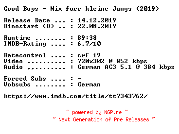 NFO for the release Good.Boys.Nix.fuer.kleine.Jungs.German.2019.AC3.BDRip.x264-COiNCiDENCE by COiNCiDENCE