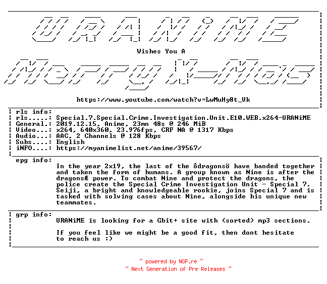 NFO for the release Special.7.Special.Crime.Investigation.Unit.E10.WEB.x264-URANiME by URANiME