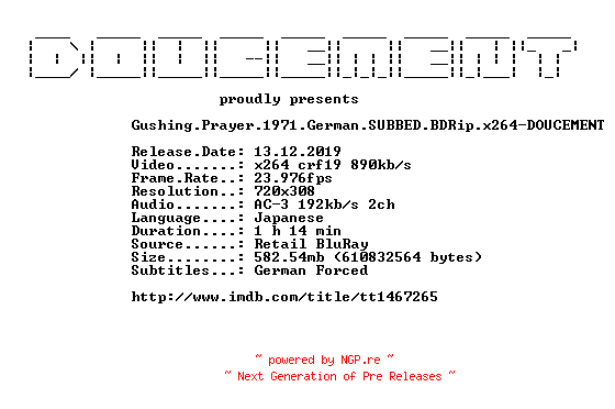 NFO for the release Gushing.Prayer.1971.German.SUBBED.BDRip.x264-DOUCEMENT by DOUCEMENT