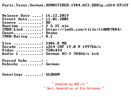 NFO for the release Paris.Texas.German.REMASTERED.1984.AC3.BDRip.x264-SPiCY by SPiCY