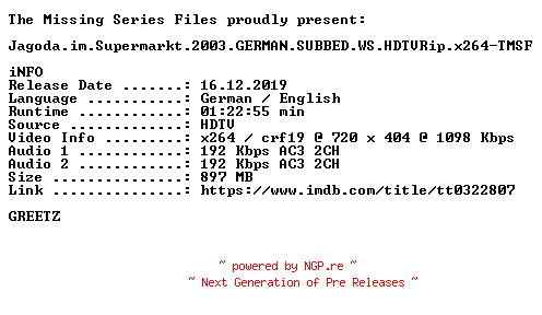 NFO for the release Jagoda.im.Supermarkt.2003.GERMAN.SUBBED.WS.HDTVRip.x264-TMSF by TMSF
