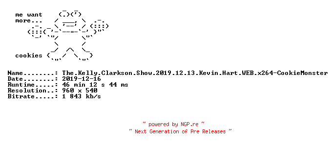 NFO for the release The.Kelly.Clarkson.Show.2019.12.13.Kevin.Hart.WEB.x264-CookieMonster by CookieMonster