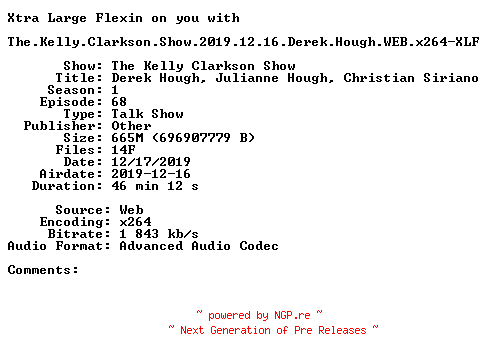 NFO for the release The.Kelly.Clarkson.Show.2019.12.16.Derek.Hough.WEB.x264-XLF by XLF