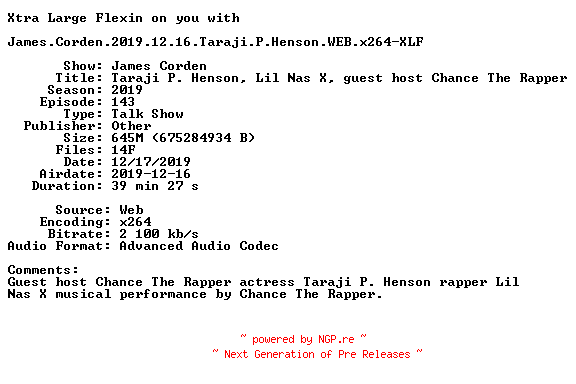 NFO for the release James.Corden.2019.12.16.Taraji.P.Henson.WEB.x264-XLF by XLF