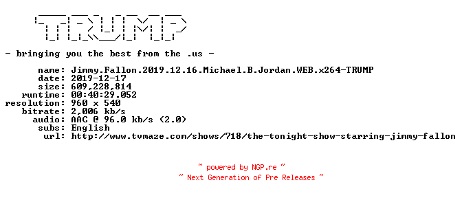 NFO for the release Jimmy.Fallon.2019.12.16.Michael.B.Jordan.WEB.x264-TRUMP by TRUMP