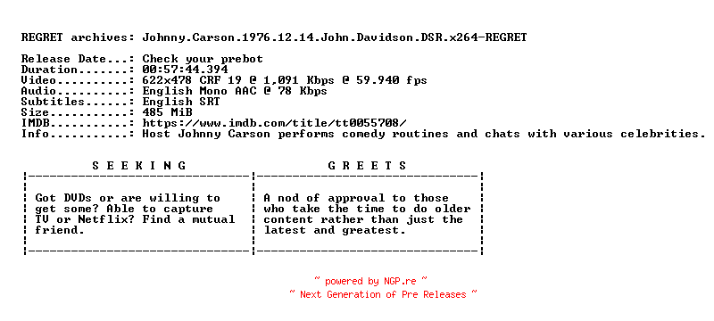 NFO for the release Johnny.Carson.1976.12.14.John.Davidson.DSR.x264-REGRET by REGRET
