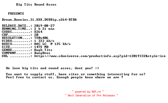 NFO for the release Brown.Bunnies.31.XXX.DVDRip.x264-BTRA by BTRA