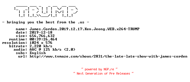 NFO for the release James.Corden.2019.12.17.Ken.Jeong.WEB.x264-TRUMP by TRUMP