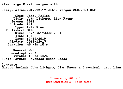 NFO for the release Jimmy.Fallon.2019.12.17.John.Lithgow.WEB.x264-XLF by XLF