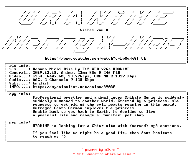 NFO for the release Kemono.Michi.Rise.Up.E12.WEB.x264-URANiME by URANiME