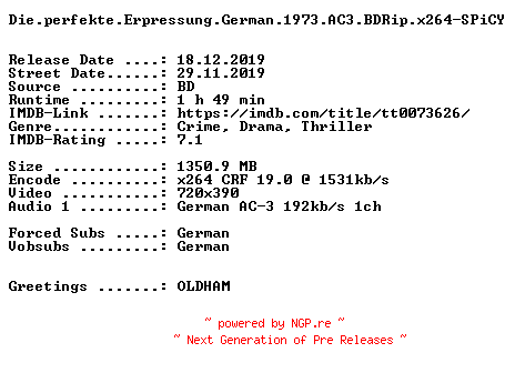 NFO for the release Die.perfekte.Erpressung.German.1973.AC3.BDRip.x264-SPiCY by SPiCY