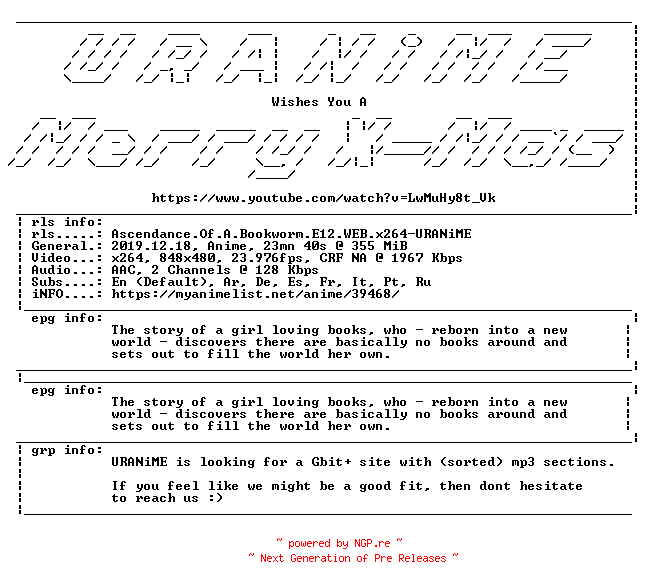 NFO for the release Ascendance.Of.A.Bookworm.E12.WEB.x264-URANiME by URANiME