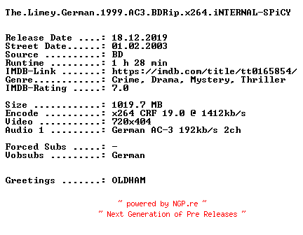 NFO for the release The.Limey.German.1999.AC3.BDRip.x264.iNTERNAL-SPiCY by SPiCY