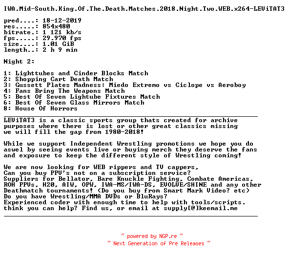 NFO for the release IWA.Mid-South.King.Of.The.Death.Matches.2018.Night.Two.WEB.x264-LEViTAT3 by LEViTAT3